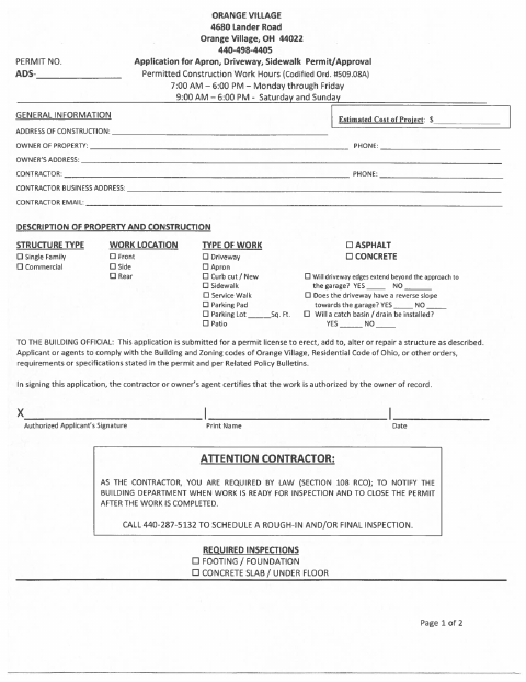 First page of the Apron, Driveway, Sidewalk Permit Application