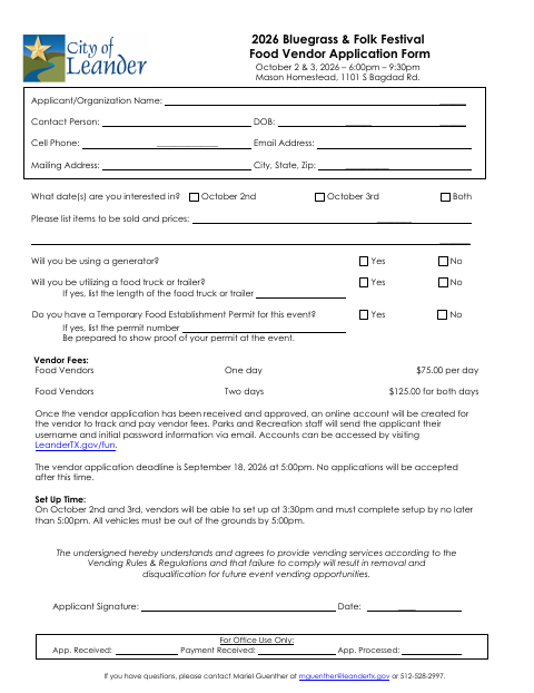 First page of the Bluegrass & Folk Festival Food Vendor Application Form