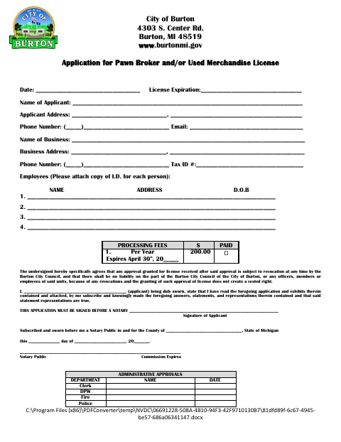 First page of the Pawn Broker and Used Merchandise License Application