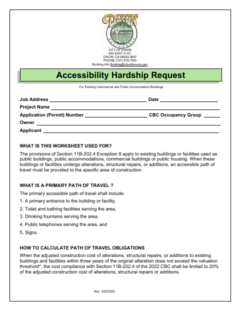First page of the Accessibility Hardship Request Form