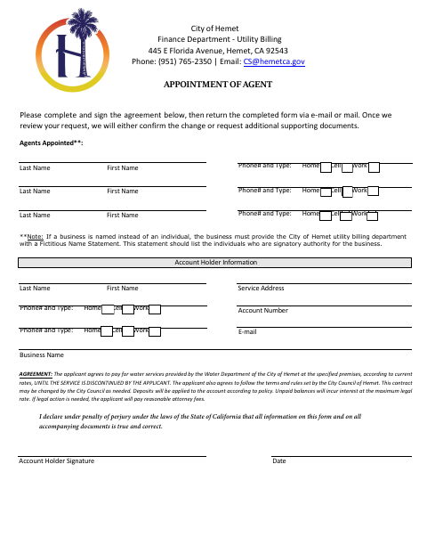 First page of the Appointment of Agent