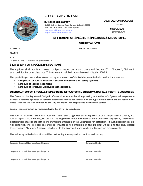 First page of the Statement of Special Inspections/Observations
