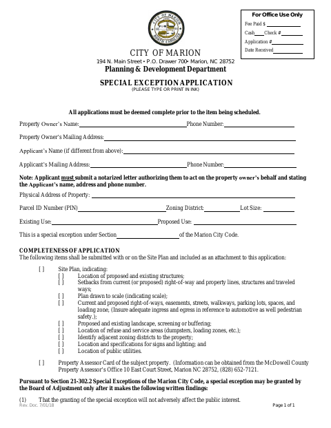 First page of the Special Exception Application