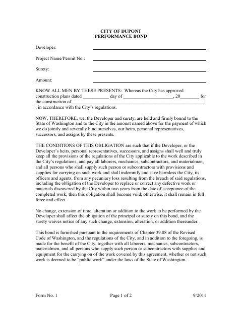 First page of the Performance Bond