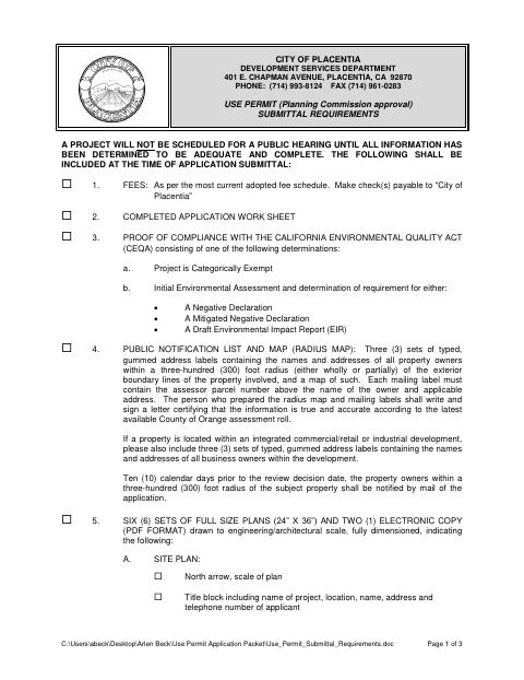 First page of the Use Permit Submittal Requirements