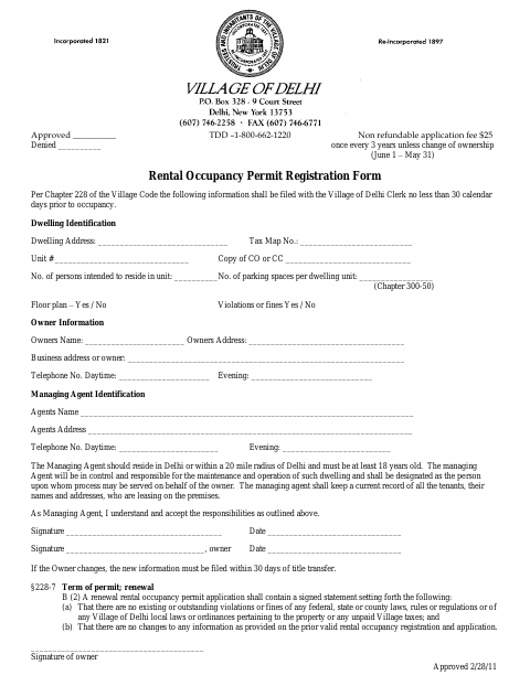 First page of the Rental Occupancy Permit Registration Form
