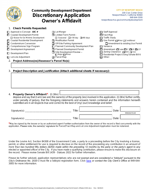 First page of the Discretionary Application Owner’s Affidavit