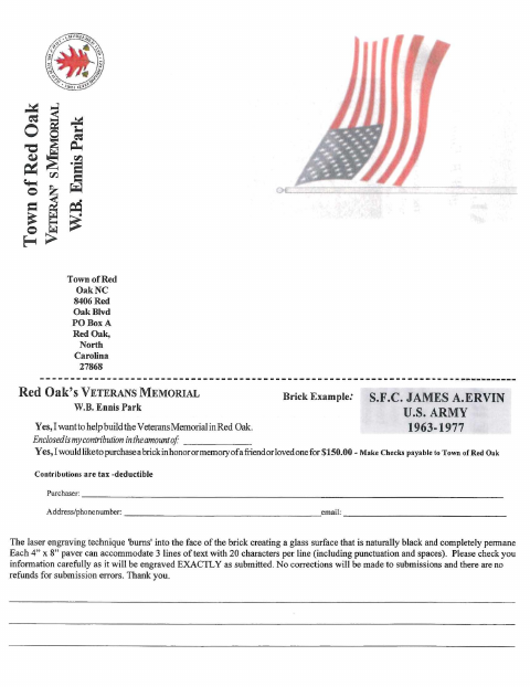 First page of the Veterans Memorial Brick Order Form