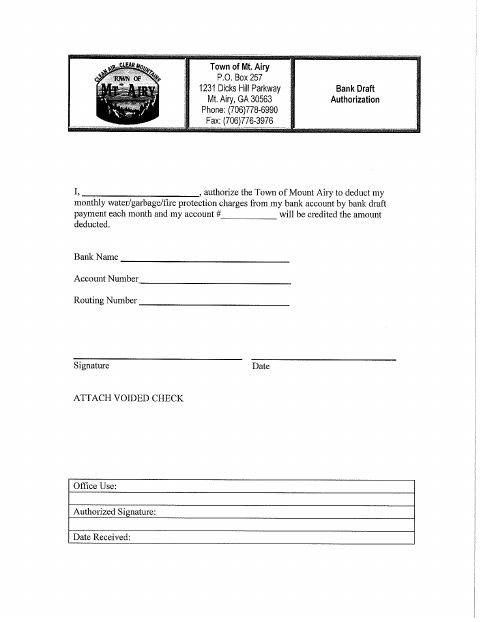 First page of the Bank Draft Authorization