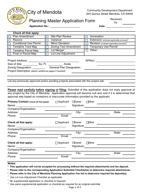 First page of the Planning Master Application Form
