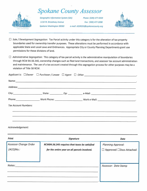 First page of the Spokane County Assessor Segregation Form