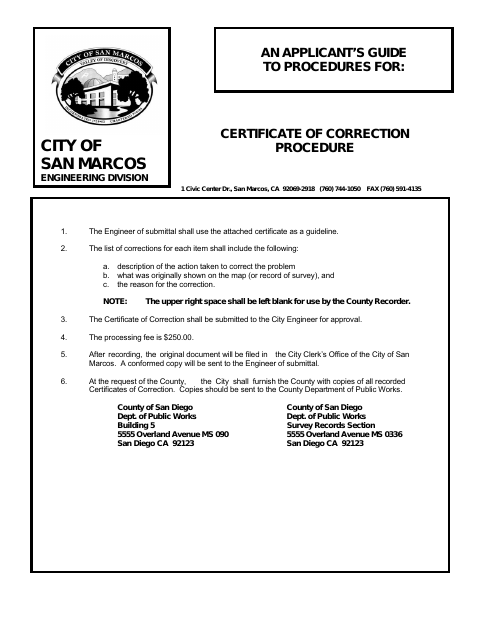 First page of the Certificate of Correction Procedure