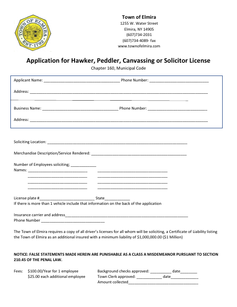 First page of the Application for Hawker, Peddler, Canvassing or Solicitor License