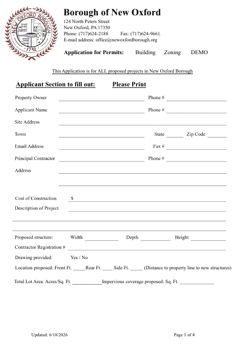First page of the Zoning, Building, and Demolition Permit Application