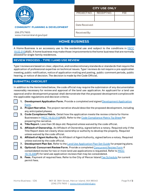 First page of the Home Business Submittal Checklist