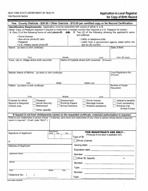 First page of the Application for Copy of Birth Record