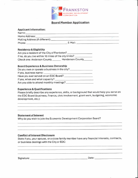 First page of the Economic Development Corporation Board Member Application