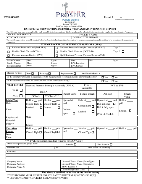First page of the Backflow Prevention Assembly Test and Maintenance Report