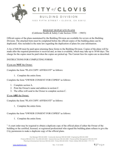 First page of the Request Duplicate Building Plans