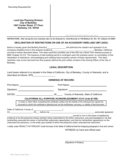 First page of the ADU Notice of Limitation Deed Restriction