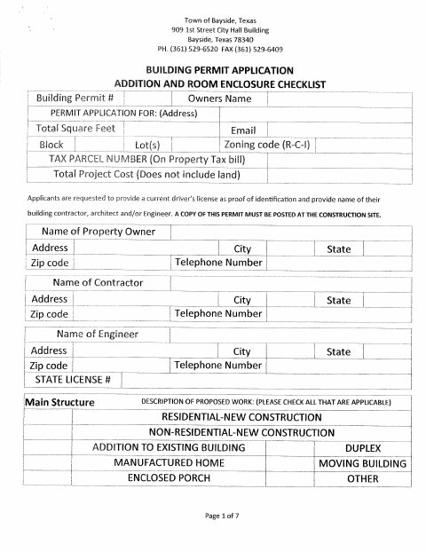 First page of the Room Addition Building Permit Application