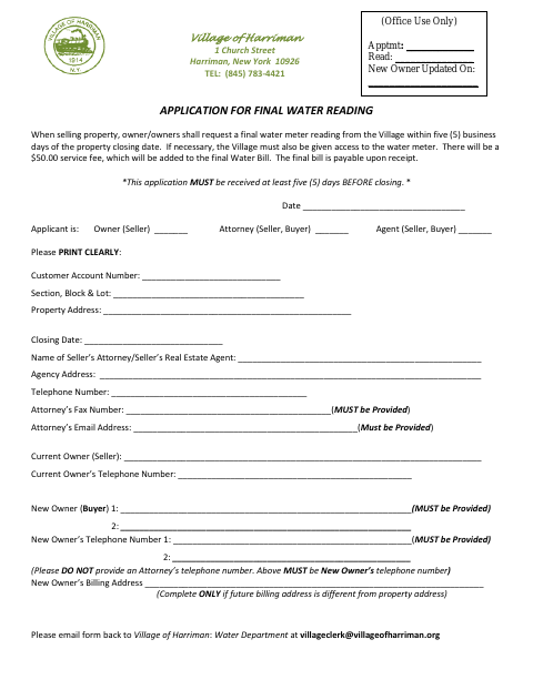 First page of the Application for Final Water Reading