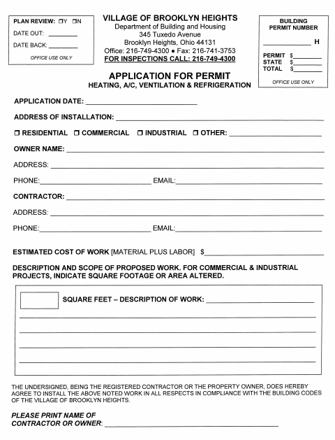 First page of the HVAC Permit Application