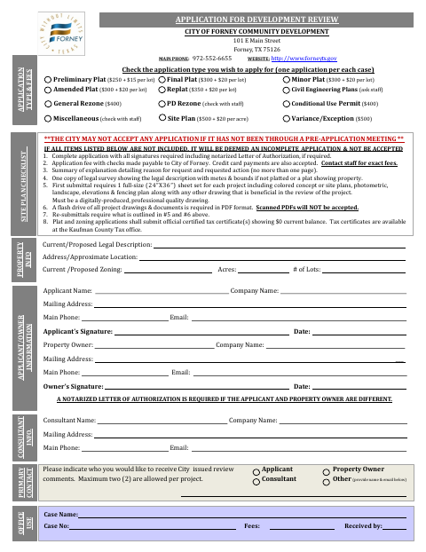 First page of the Application for Development Review