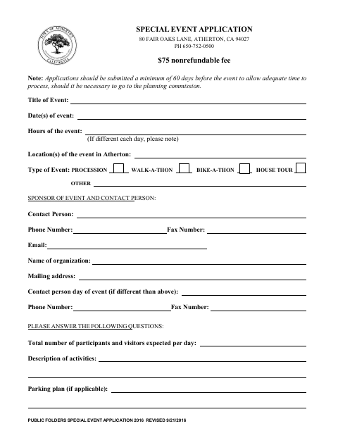 First page of the Special Event Application