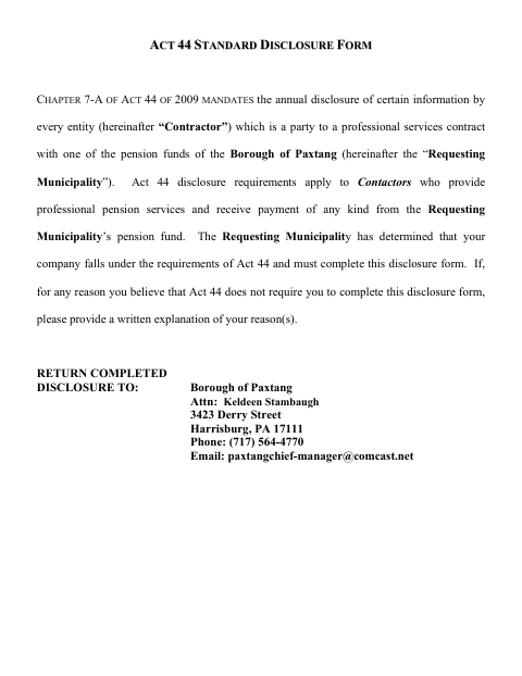 First page of the Act 44 Standard Disclosure Form