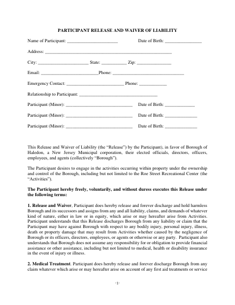 First page of the Participant Release and Waiver of Liability