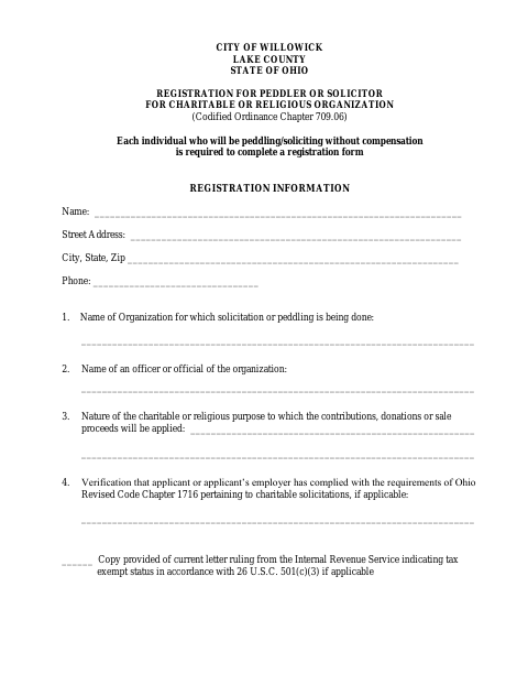 First page of the Registration for Peddler or Solicitor for Charitable or Religious Organization