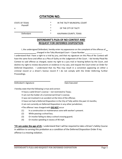 First page of the Defendant’s Plea and Request for Deferred Disposition