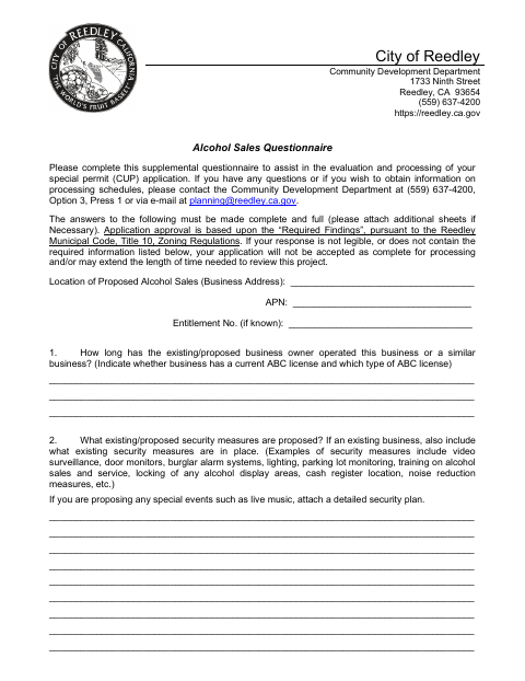 First page of the Alcohol Sales Questionnaire