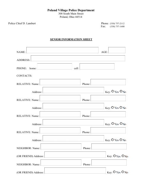 First page of the Senior Information Sheet