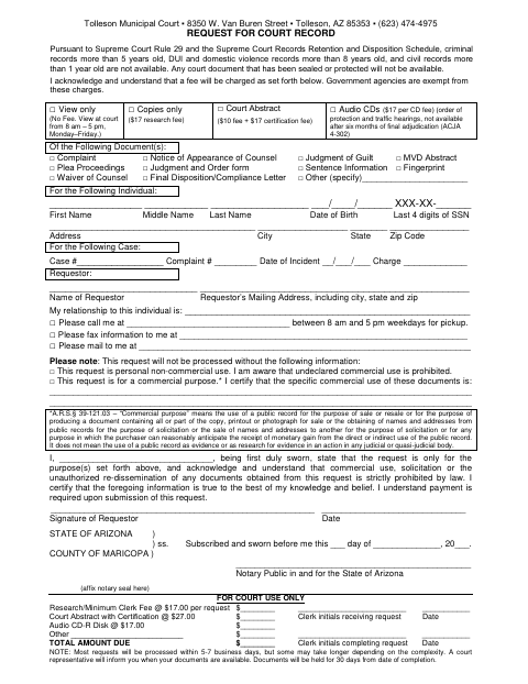 First page of the Request for Court Record