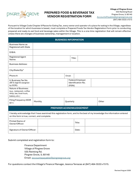 First page of the Prepared Food & Beverage Tax Vendor Registration Form