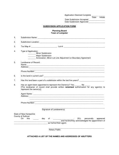 First page of the Subdivision Application