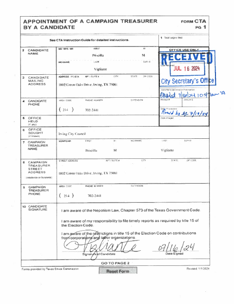 First page of the Appointment of a Campaign Treasurer by a Candidate