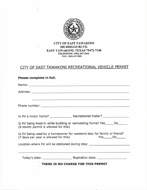 First page of the Recreational Vehicle Permit