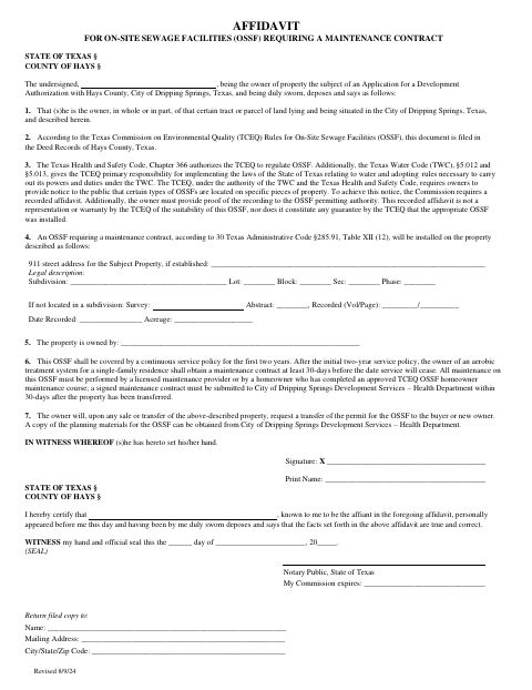 First page of the On-Site Sewage Facilities Affidavit Requiring a Maintenance Contract
