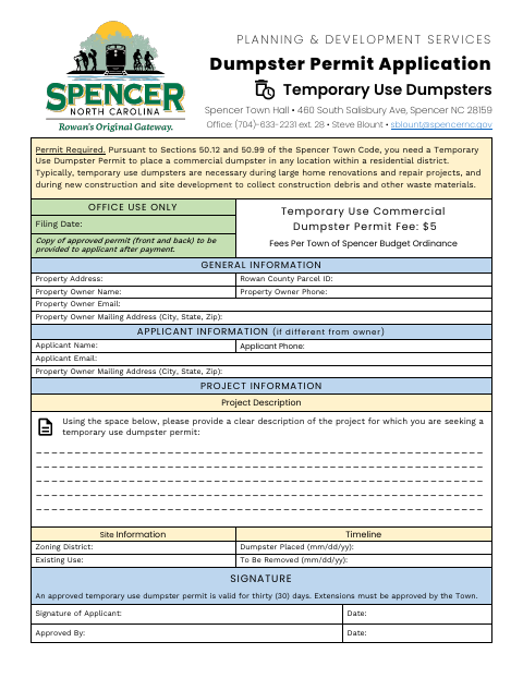 First page of the Temporary Use Dumpster Permit Application