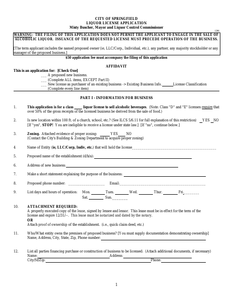 First page of the Liquor License Application