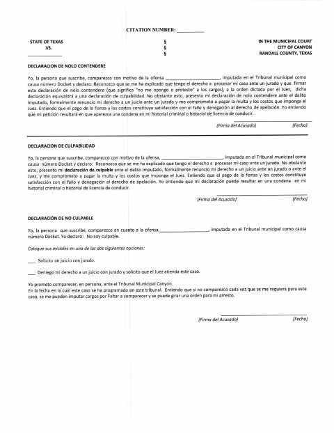 First page of the Municipal Court Plea Declaration (Spanish)