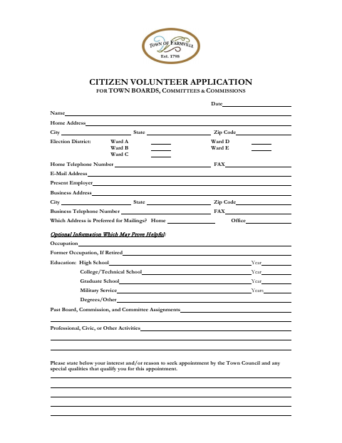 First page of the Citizen Volunteer Application for Town Boards, Committees & Commissions