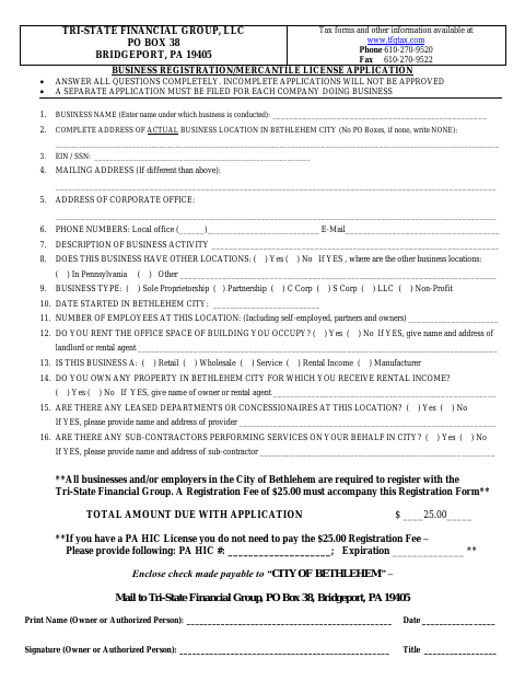 First page of the Business Registration/Mercantile License Application