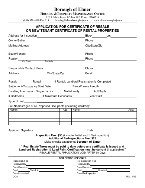 First page of the Application for Certificate of Resale or New Tenant Certificate of Rental Properties