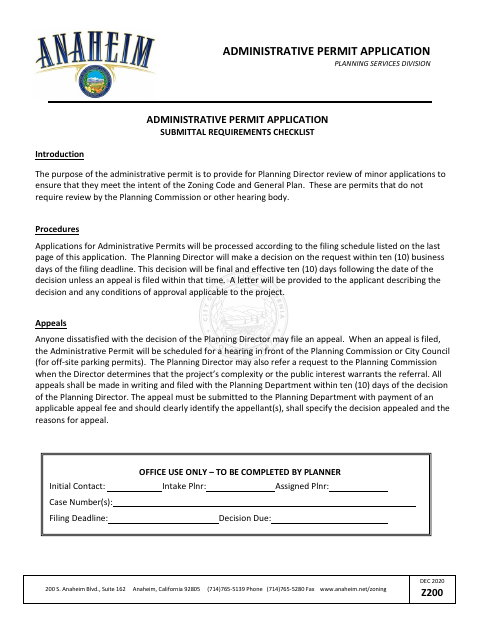 First page of the Administrative Permit Application