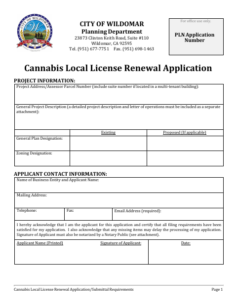 First page of the Cannabis Local License Renewal Application