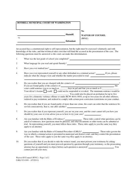 First page of the Waiver of Counsel